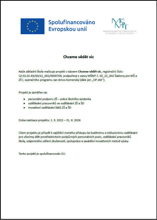 Informační plakát projektu Chceme vědět víc