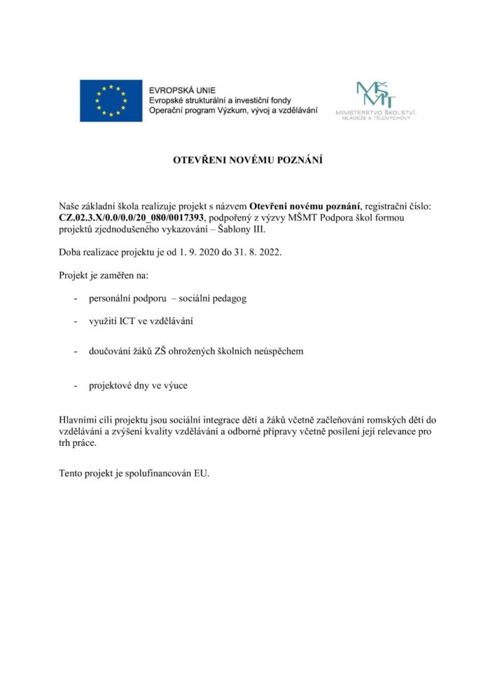 Informační plakát projektu Otevření novému poznání