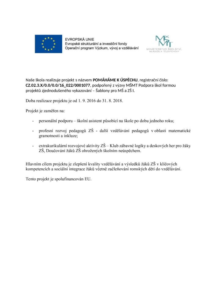 Informační plakát projektu Pomáháme k úspěchu