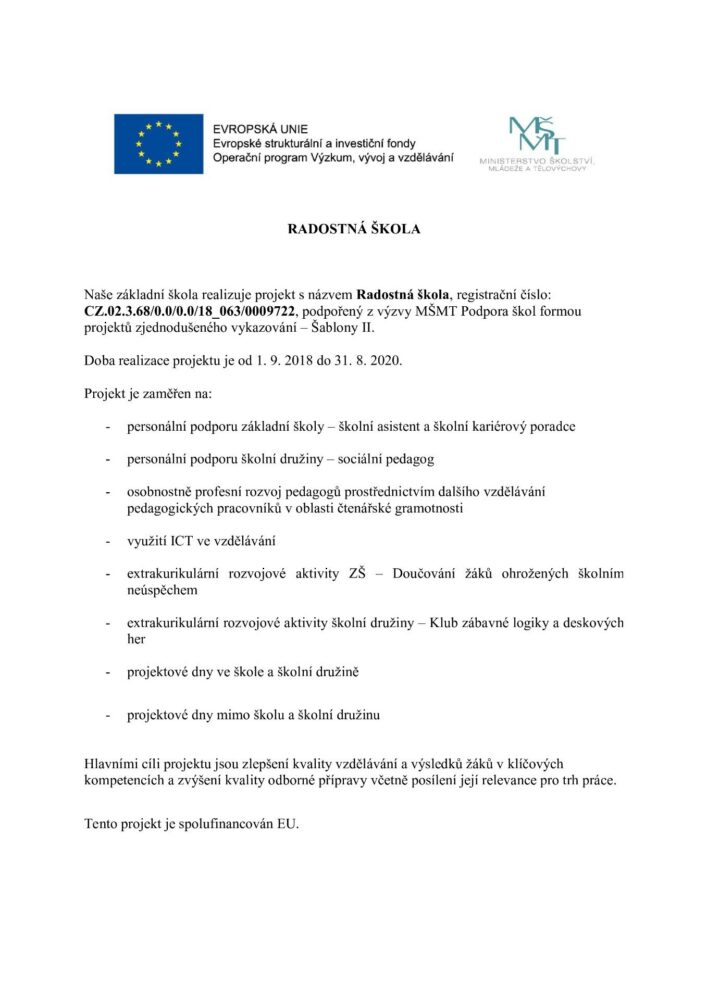 Informační plakát projektu Radostná škola